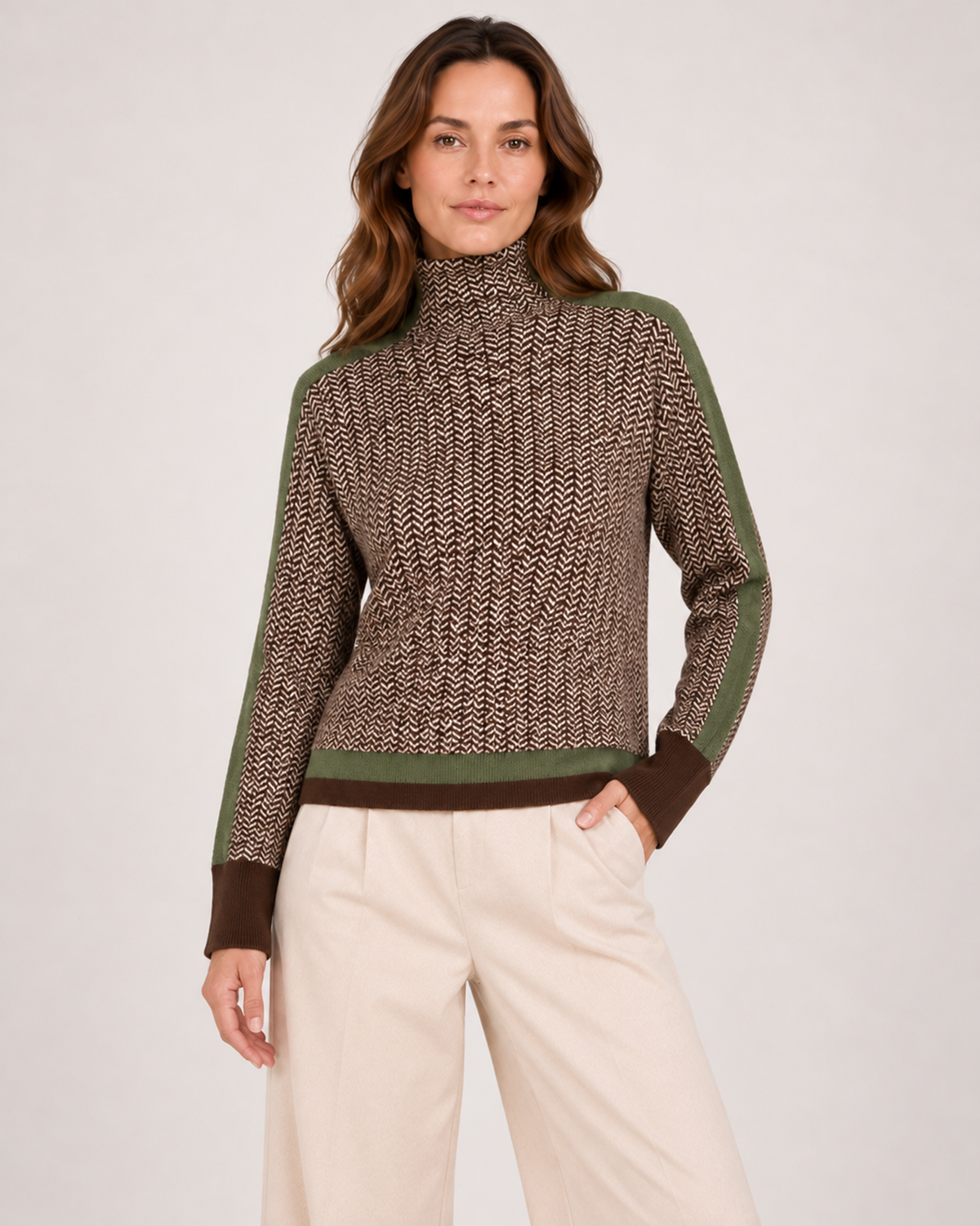 Women's green contrast sleeve roll neck jumper