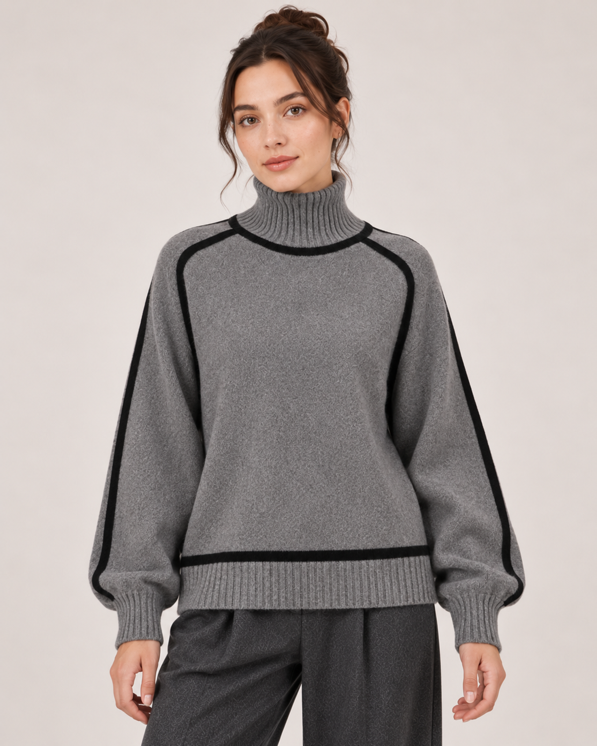 Women's grey oversized turtleneck jumper with contrast trim