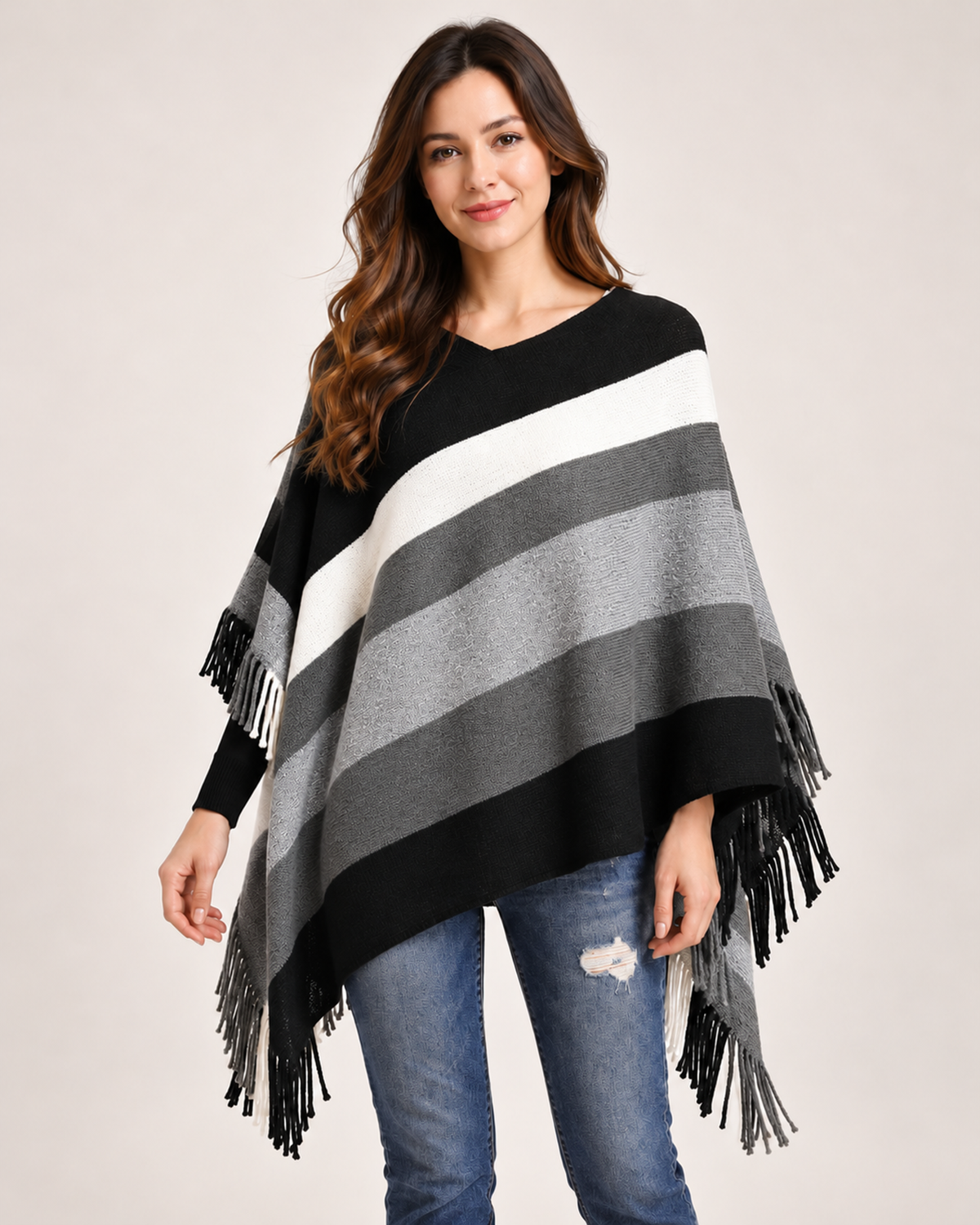 Women's grey colour block poncho