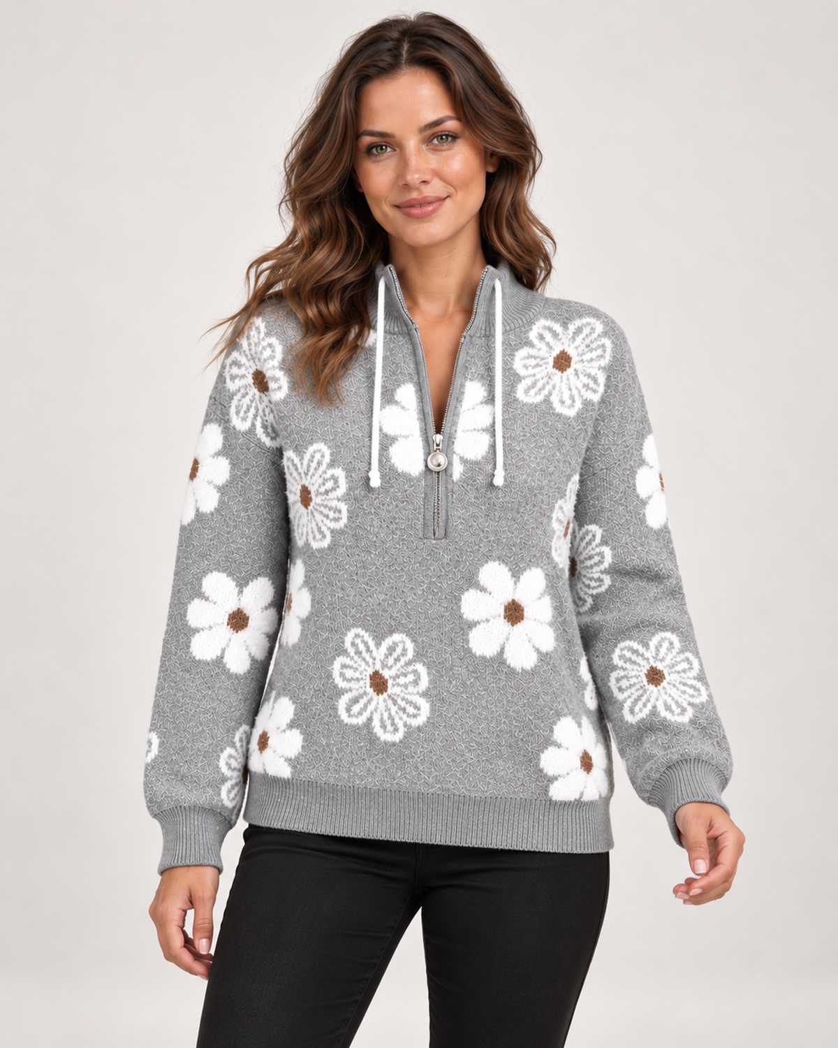 Women’s half-zip floral jumper in grey