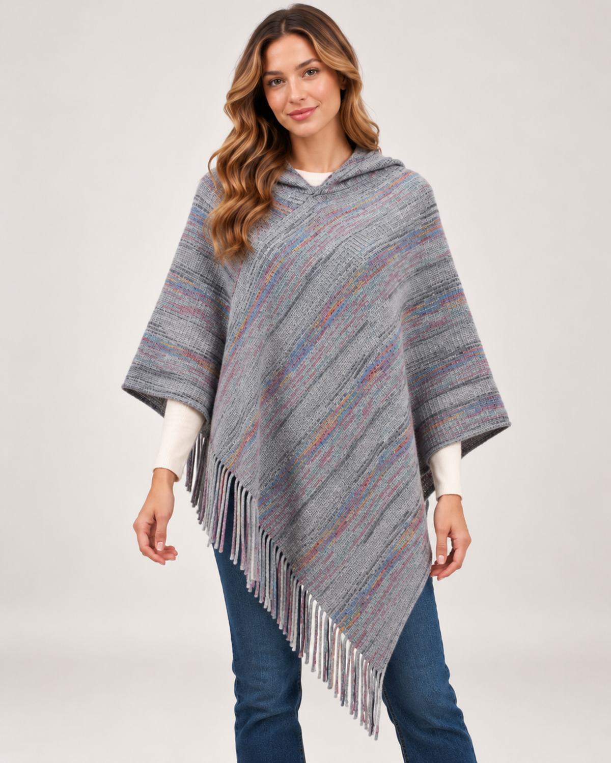 Women's grey striped hooded poncho
