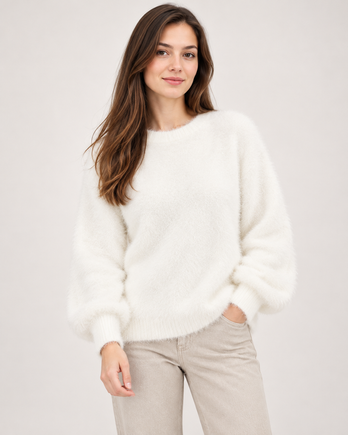 Women's white fluffy crew neck jumper