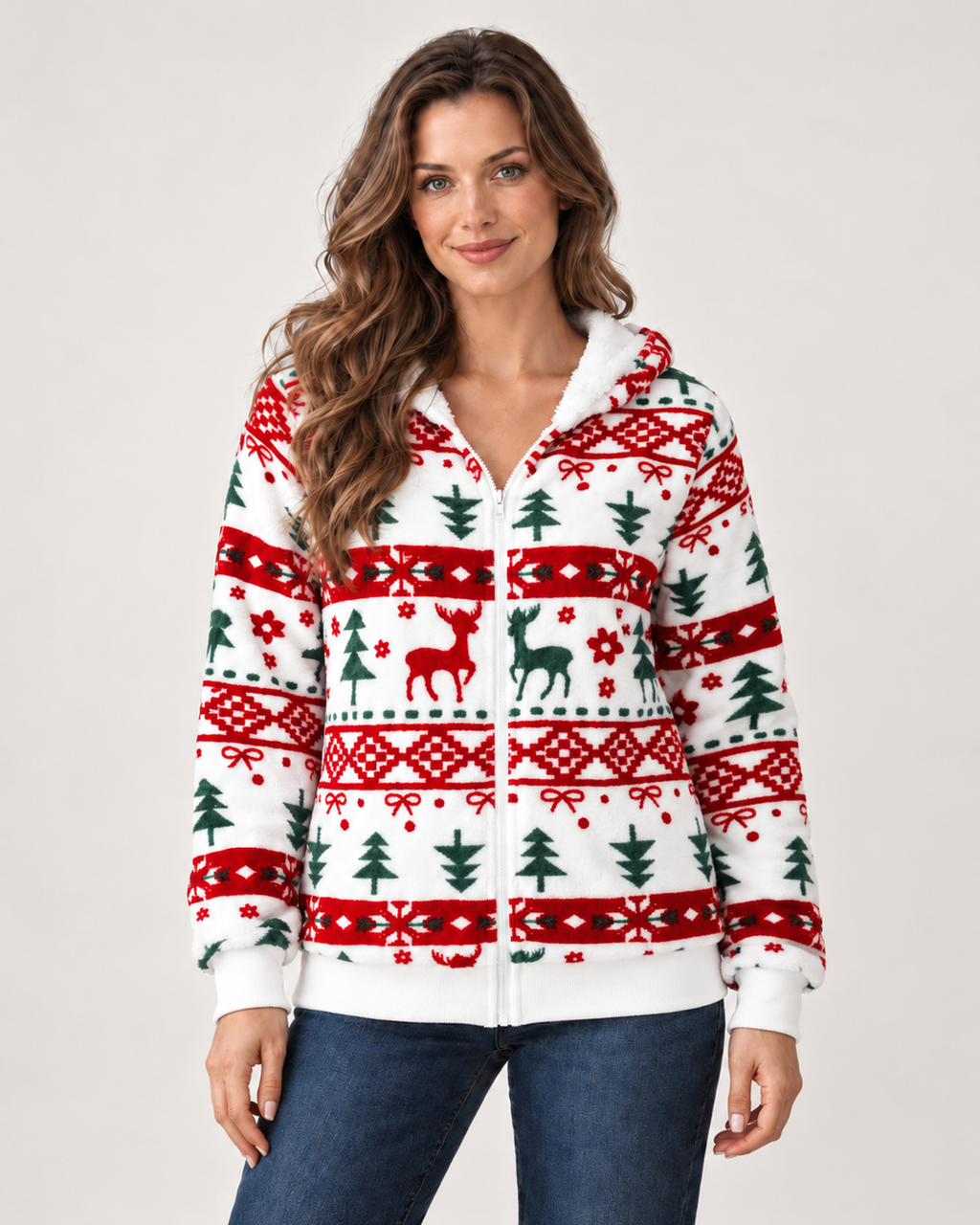 Women’s Christmas Cardigan with Hood and Zip Front in White, upper body product focus view