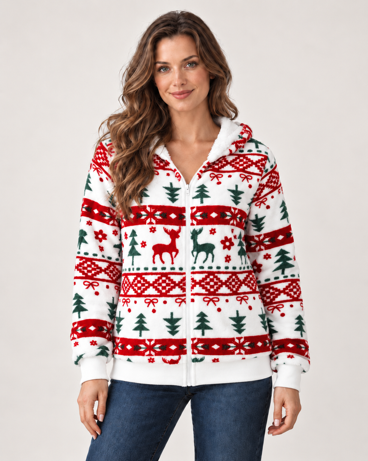 Women’s Christmas Cardigan with Hood and Zip Front in White, upper body product focus view