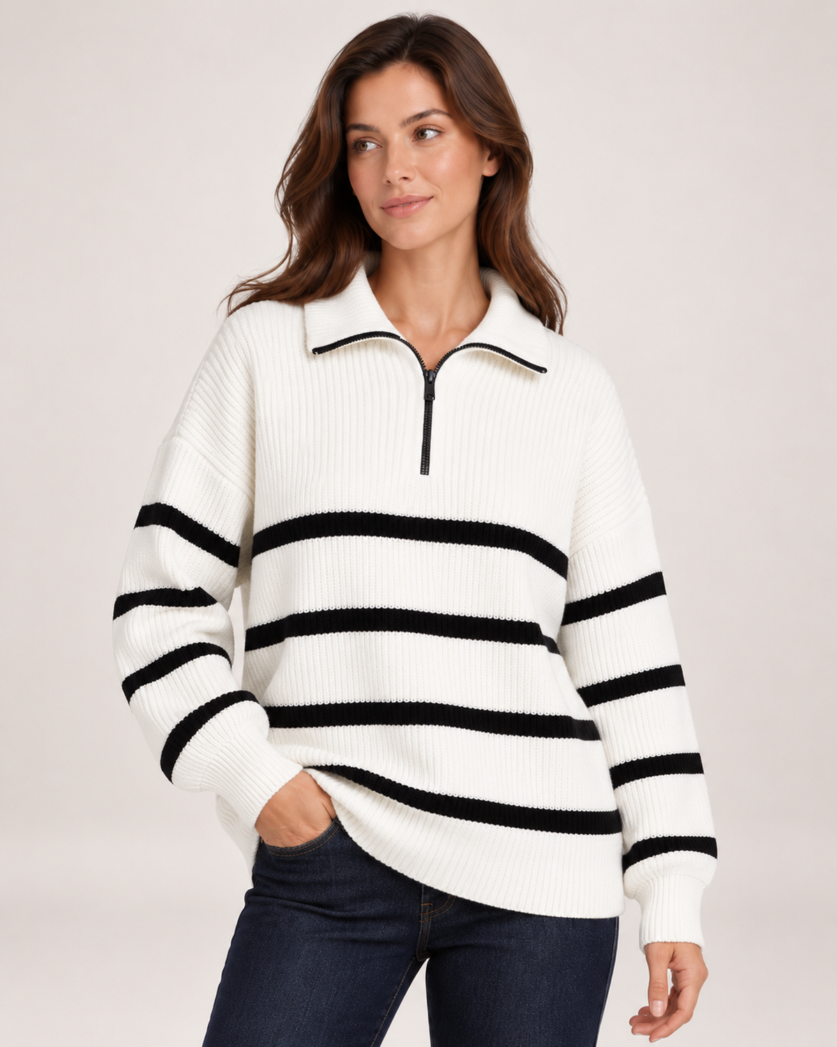 Women’s Striped Jumper with Half Zip Collar in White, upper body product focus view