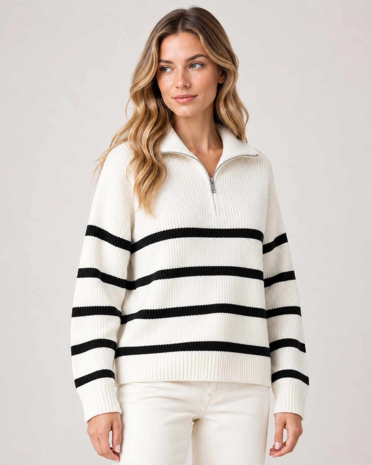 Women's Striped Jumper Half Zip Collared Knit Style white close variant view