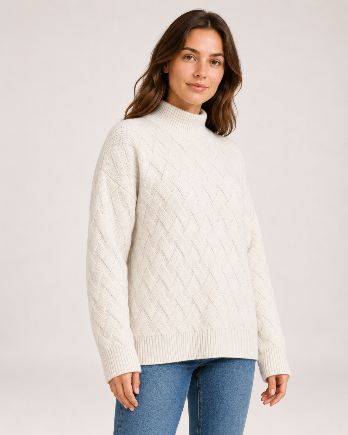 Women's Textured Roll-Neck Jumper with Basketweave Knit white close variant view