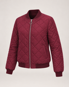 Women’s Quilted Jacket with Stand Collar in Wine Red, product only view