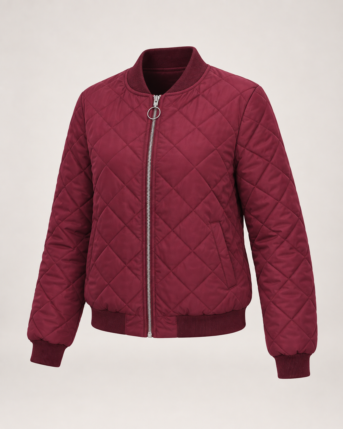 Women’s Quilted Jacket with Stand Collar in Wine Red, product only view