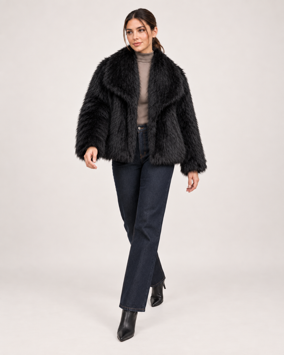 Women’s black faux fur jacket side step styling view
