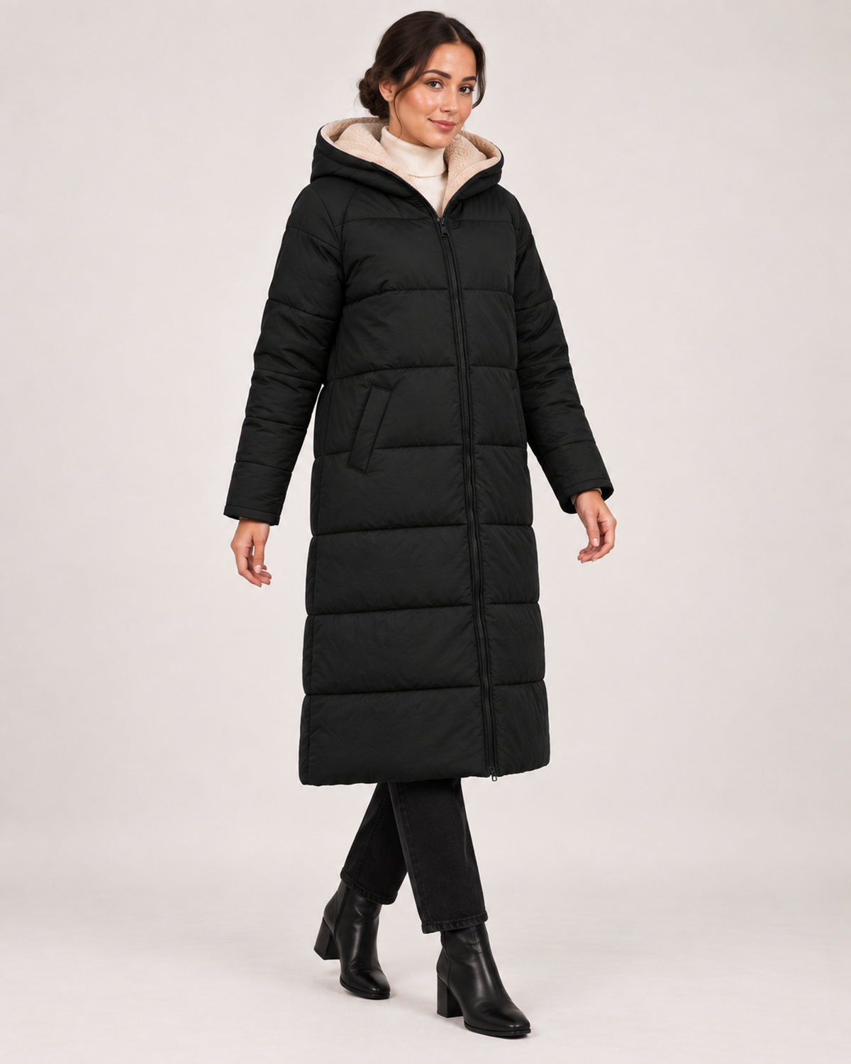 Women’s black long puffer coat fully closed side step view