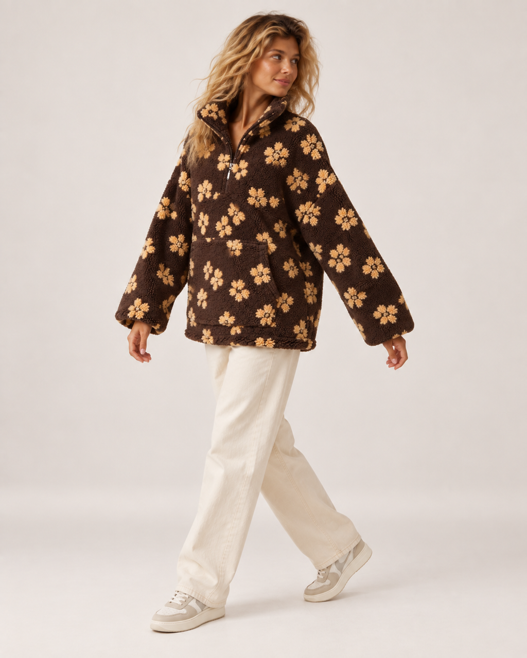 Women’s borg jacket with floral pattern and half zip side step model view