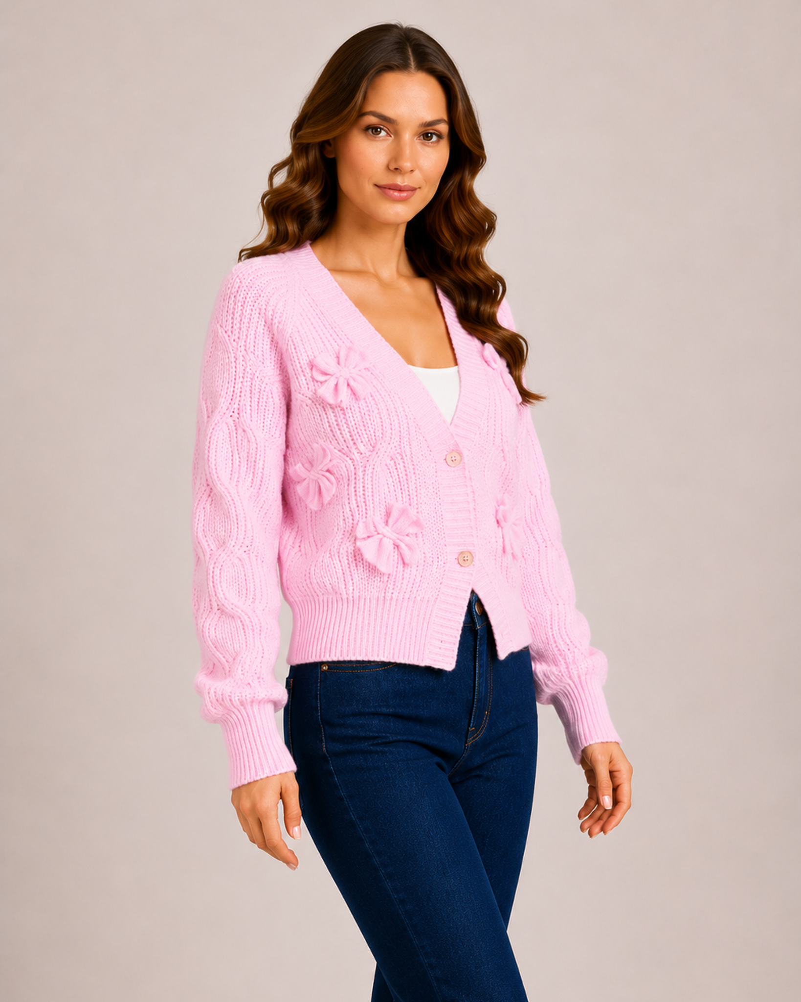 Women’s pink bow cardigan three quarter styling view
