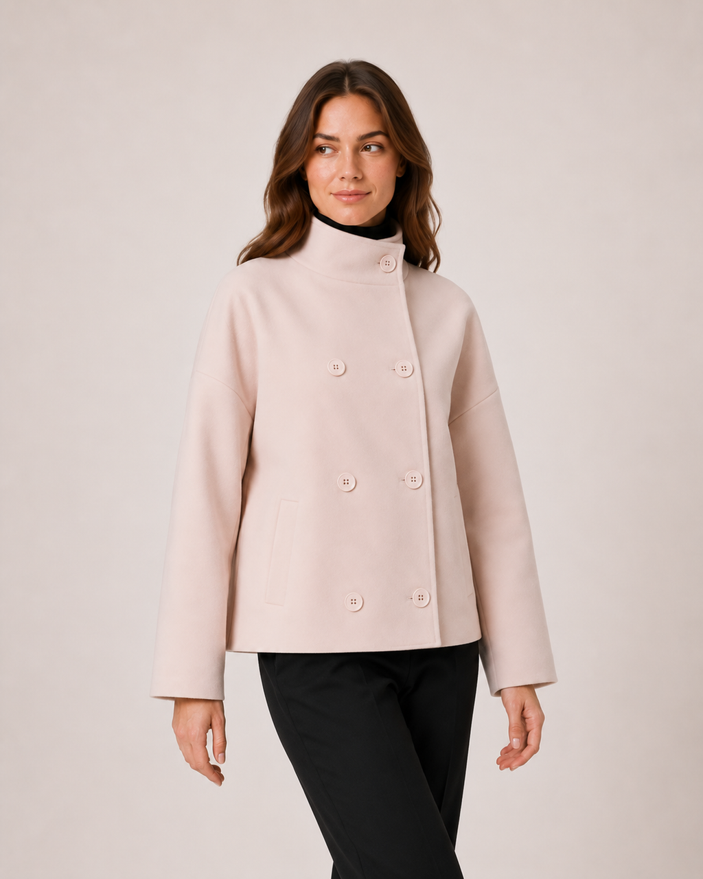 Women’s pink funnel neck coat three quarter styling view