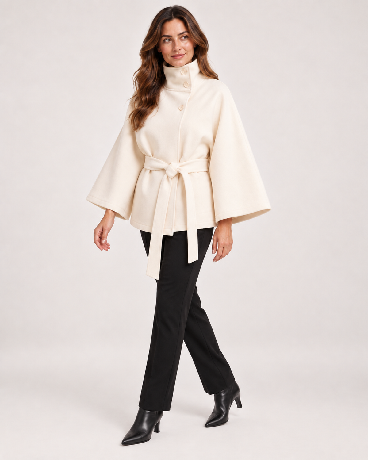 Women’s Cape Coat with Funnel Neck and Belt in Apricot, three quarter body view