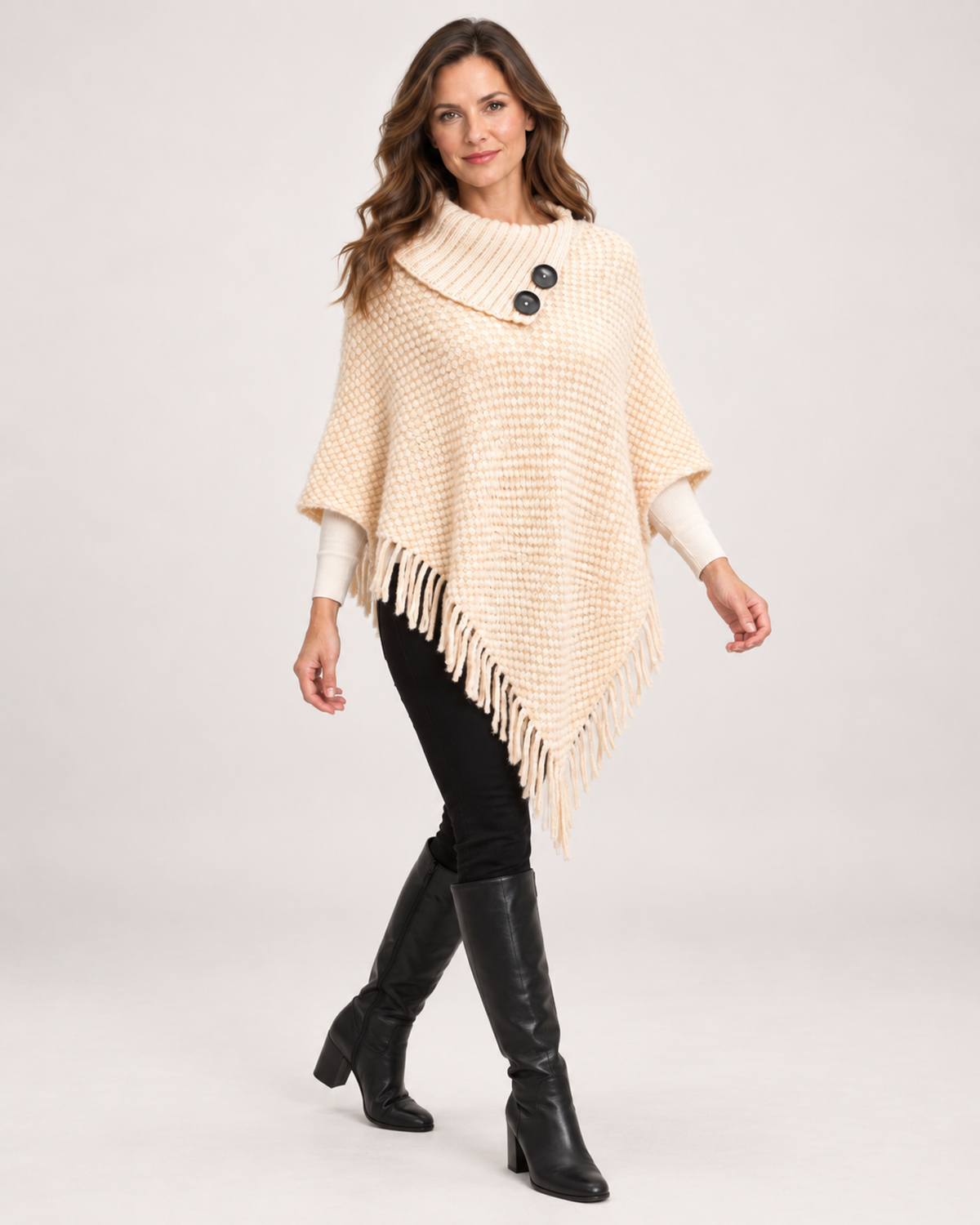 Women’s Poncho with High Neck and Button Detail in Apricot, three quarter body view