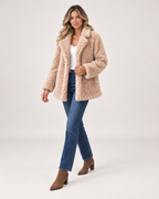 Women’s Teddy Coat with Wide Lapel Collar in Apricot, three quarter body view