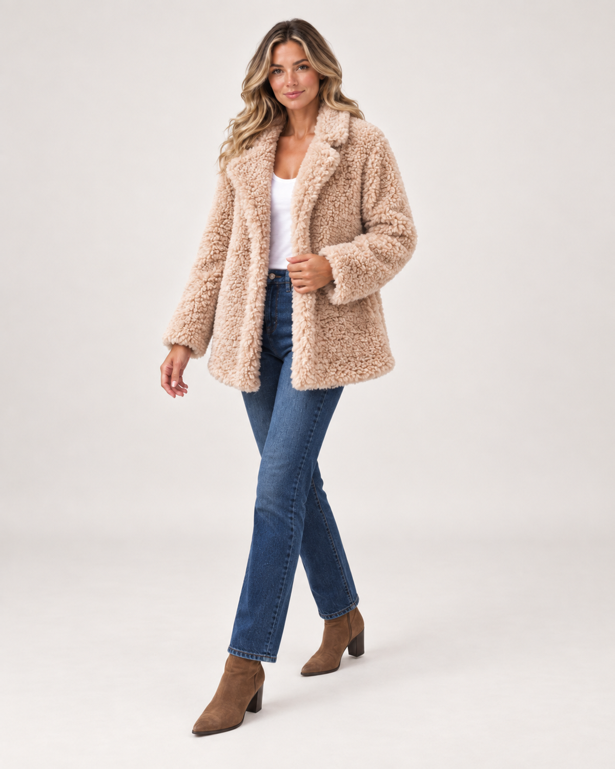 Women’s Teddy Coat with Wide Lapel Collar in Apricot, three quarter body view