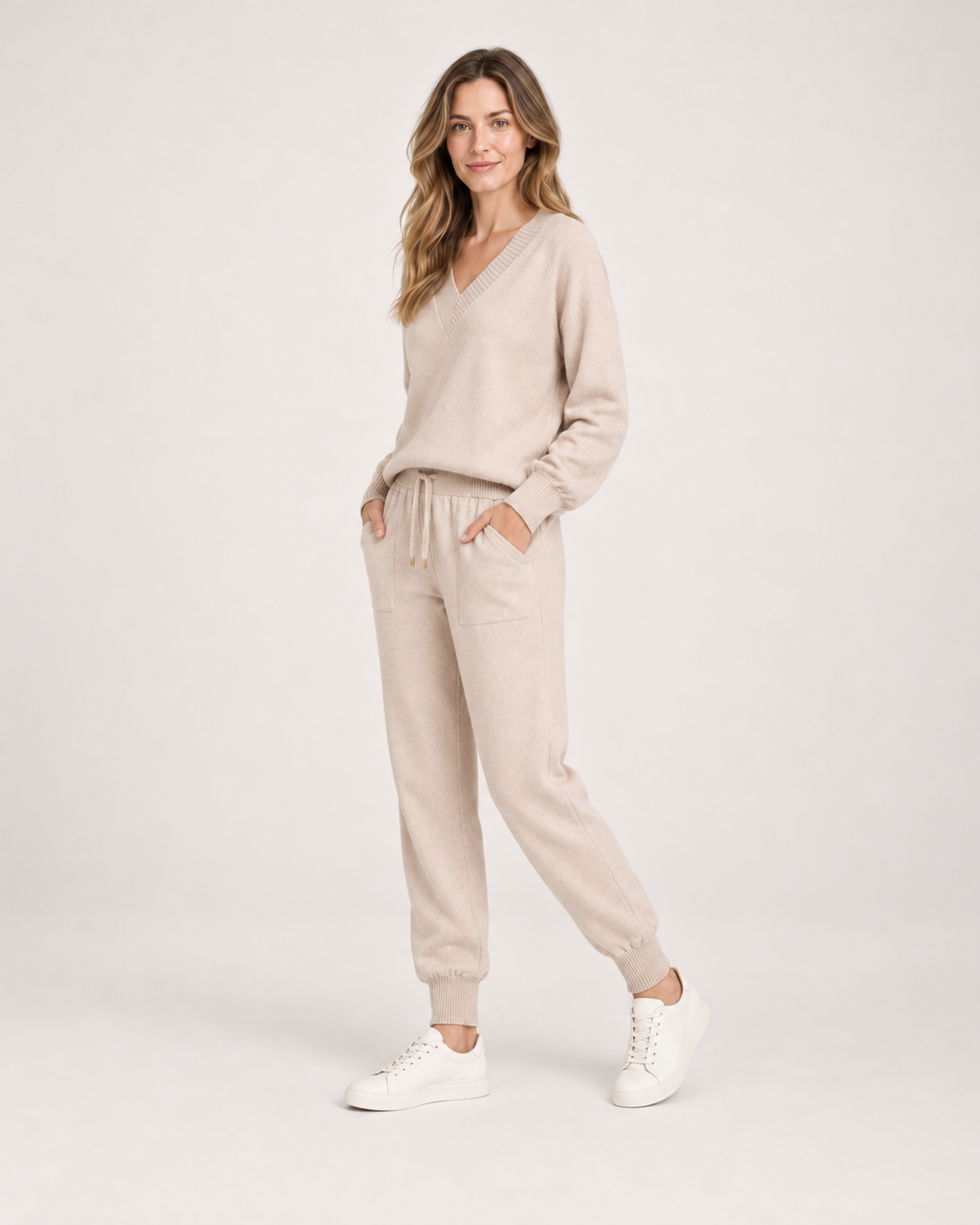 Women’s Loungewear Set with V-Neck Top and Joggers in Apricot, three quarter body view