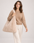 Women’s Fluffy Tote Bag with Wide Shoulder Strap in Beige, upper body product focus view