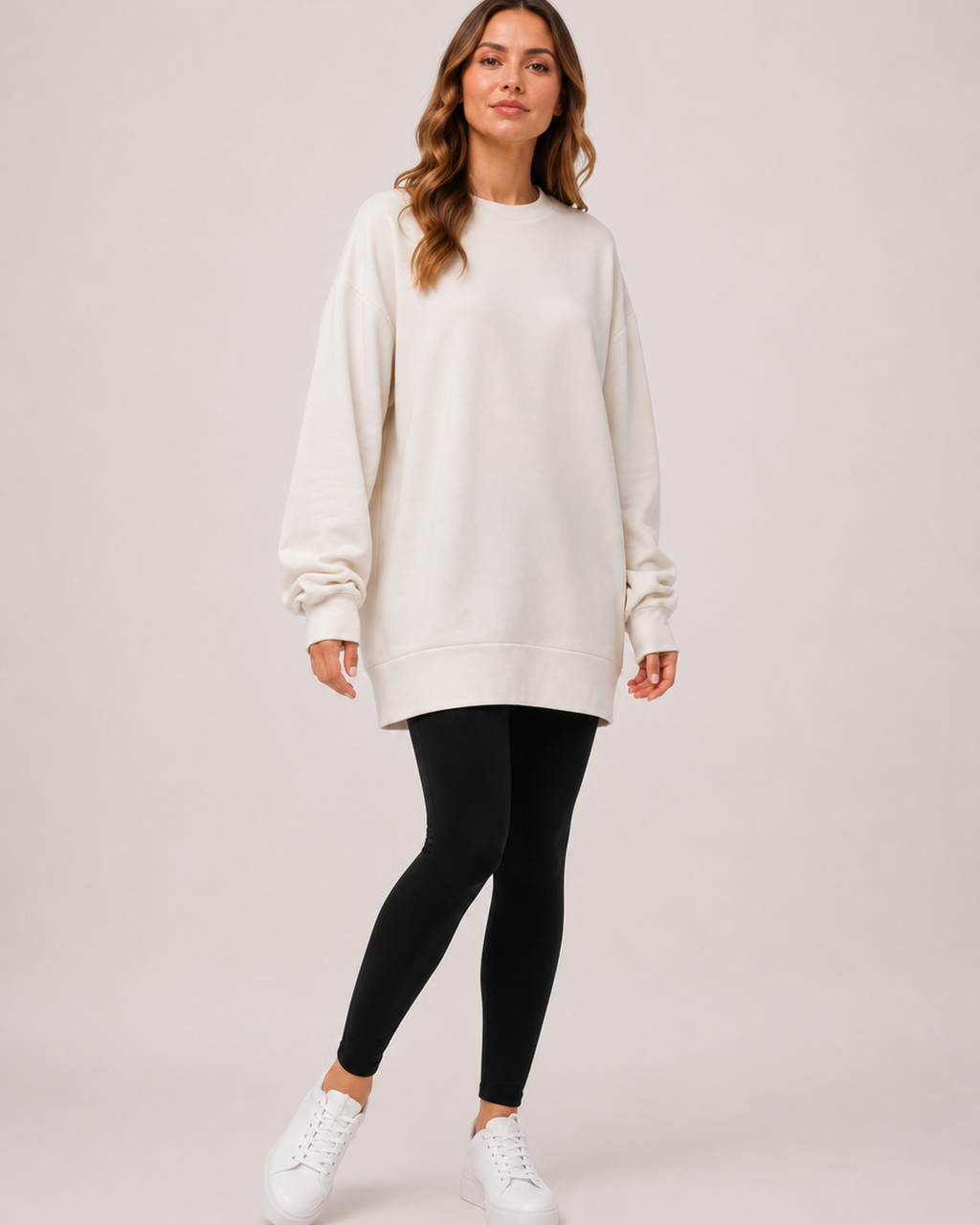 Women’s Oversized Sweatshirt with Crew Neck in Beige, three quarter body view