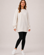 Women’s Oversized Sweatshirt with Crew Neck in Beige, three quarter body view