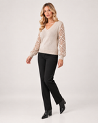 Women’s V Neck Jumper with Openwork Sleeves in Beige, three quarter body view