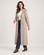 Women’s Long Cardigan with Hood and Cable Detail in Beige, three quarter body view