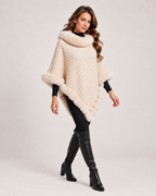 Women’s Cape Coat with Faux Fur Trim in Beige, three quarter body view