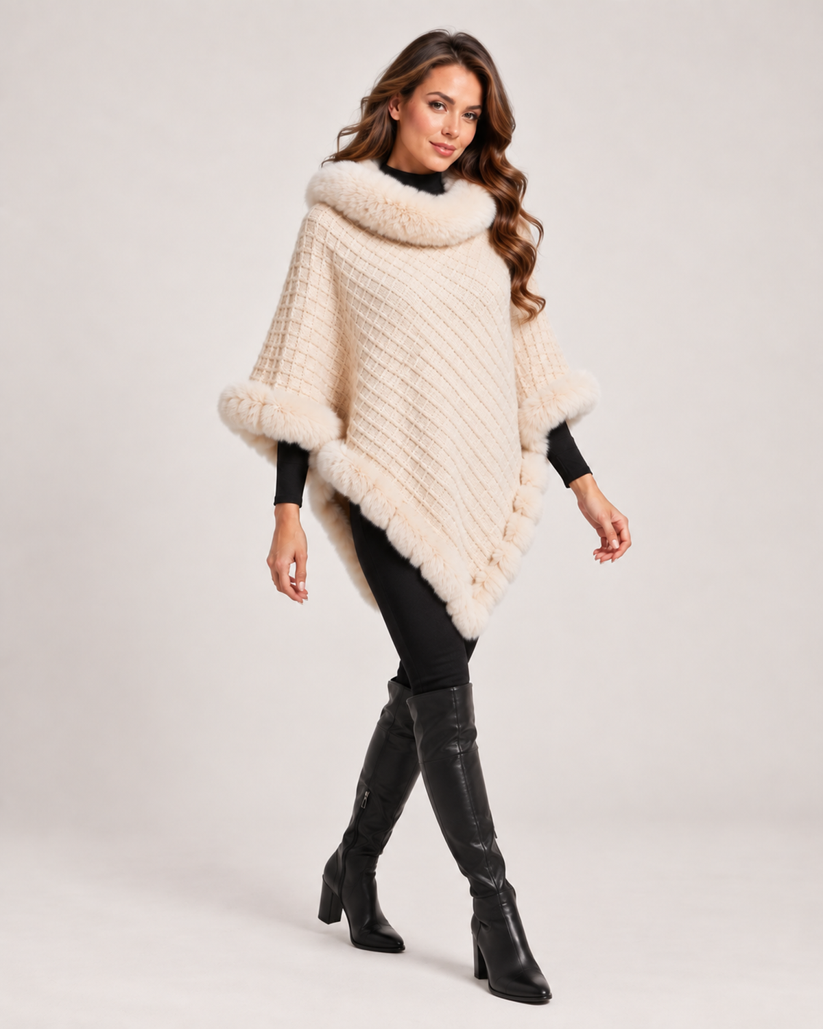 Women’s Cape Coat with Faux Fur Trim in Beige, three quarter body view