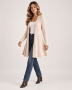 Women’s Longline Cardigan with Open Front in Beige, three quarter body view