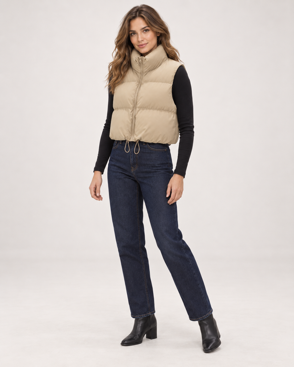 Women’s Puffer Gilet with Cropped Shape and Stand Collar in Beige, three quarter body view