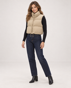 Women’s Puffer Gilet with Cropped Shape and Stand Collar in Beige, three quarter body view