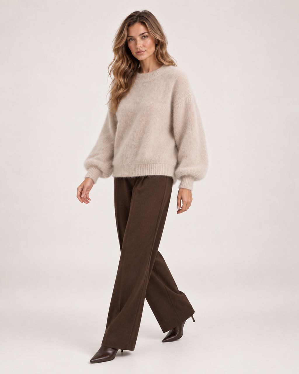 Women’s Fluffy Jumper with Balloon Sleeves in Beige, three quarter body view