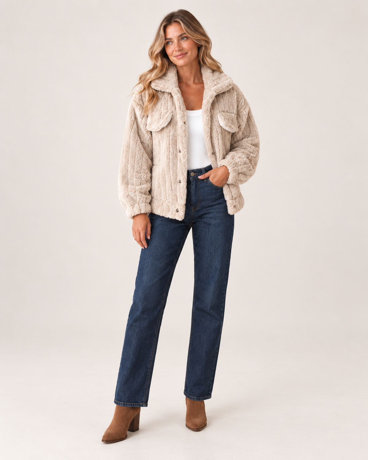 Women’s Borg Jacket with Collar and Chest Pockets in Beige, three quarter body view