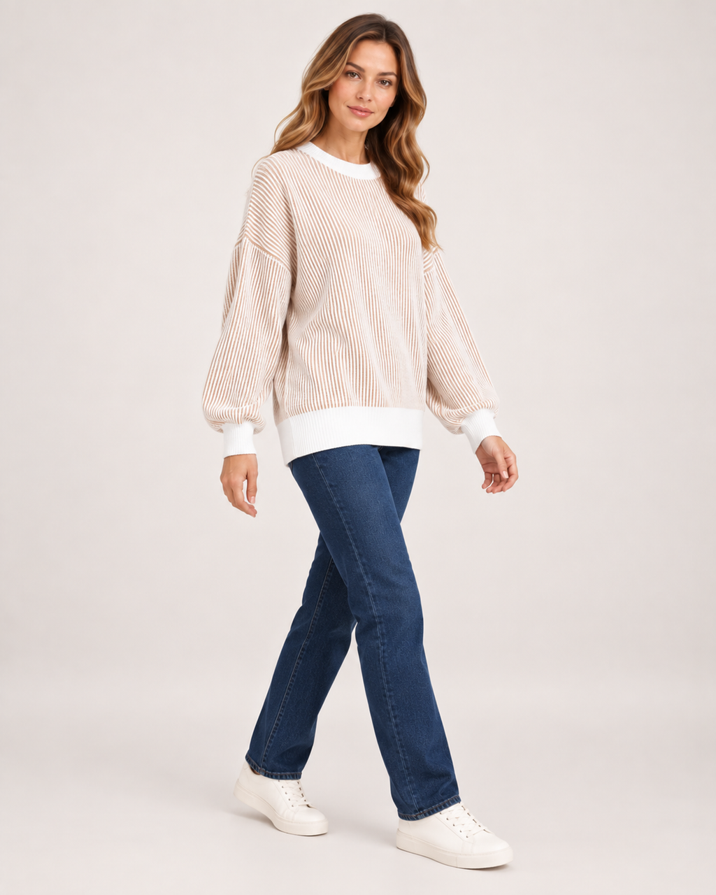 Women’s Striped Jumper with Contrast Trim in Beige, three quarter body view