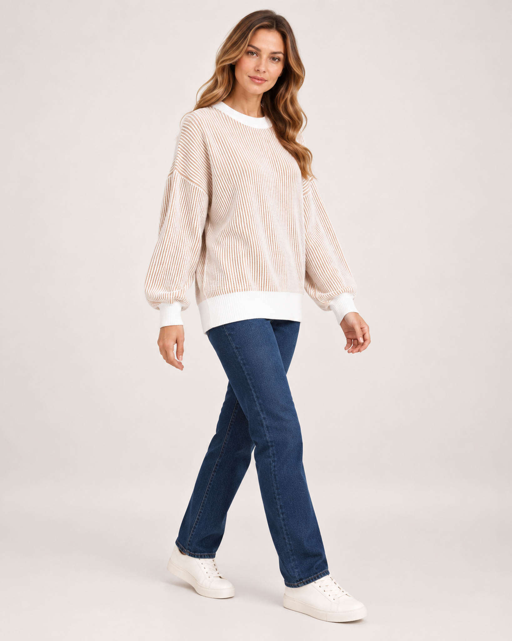 Women’s Striped Jumper with Contrast Trim in Beige, three quarter body view