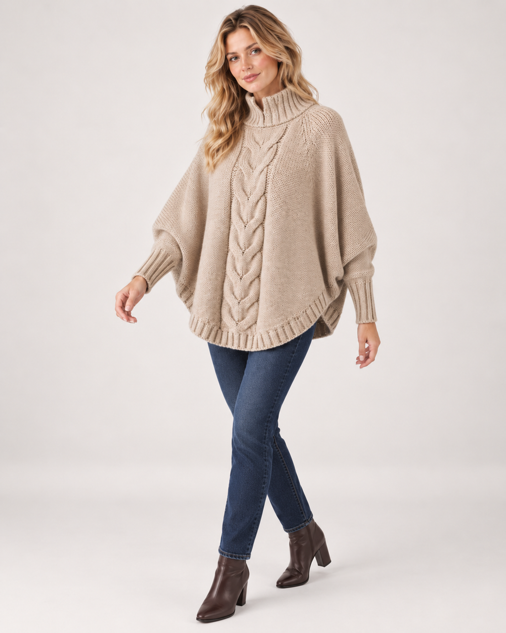 Women’s Cable Knit Jumper with High Neck and Batwing Sleeves in Beige, three quarter body view