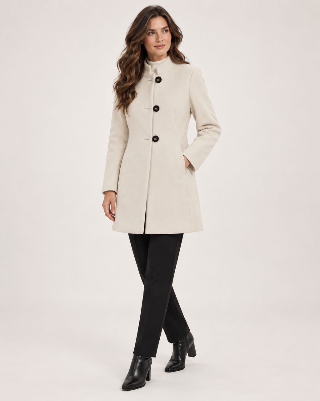 Women’s Mid Length Coat with Collarless Neck in Beige, three quarter body view