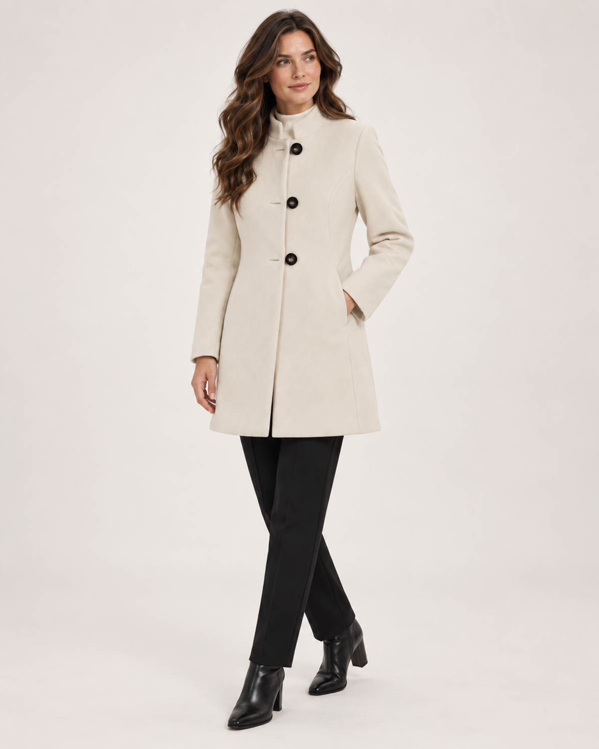 Women’s Mid Length Coat with Collarless Neck in Beige, three quarter body view
