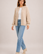 Women’s Balloon Sleeve Cardigan with Buttons in Beige, three quarter body view