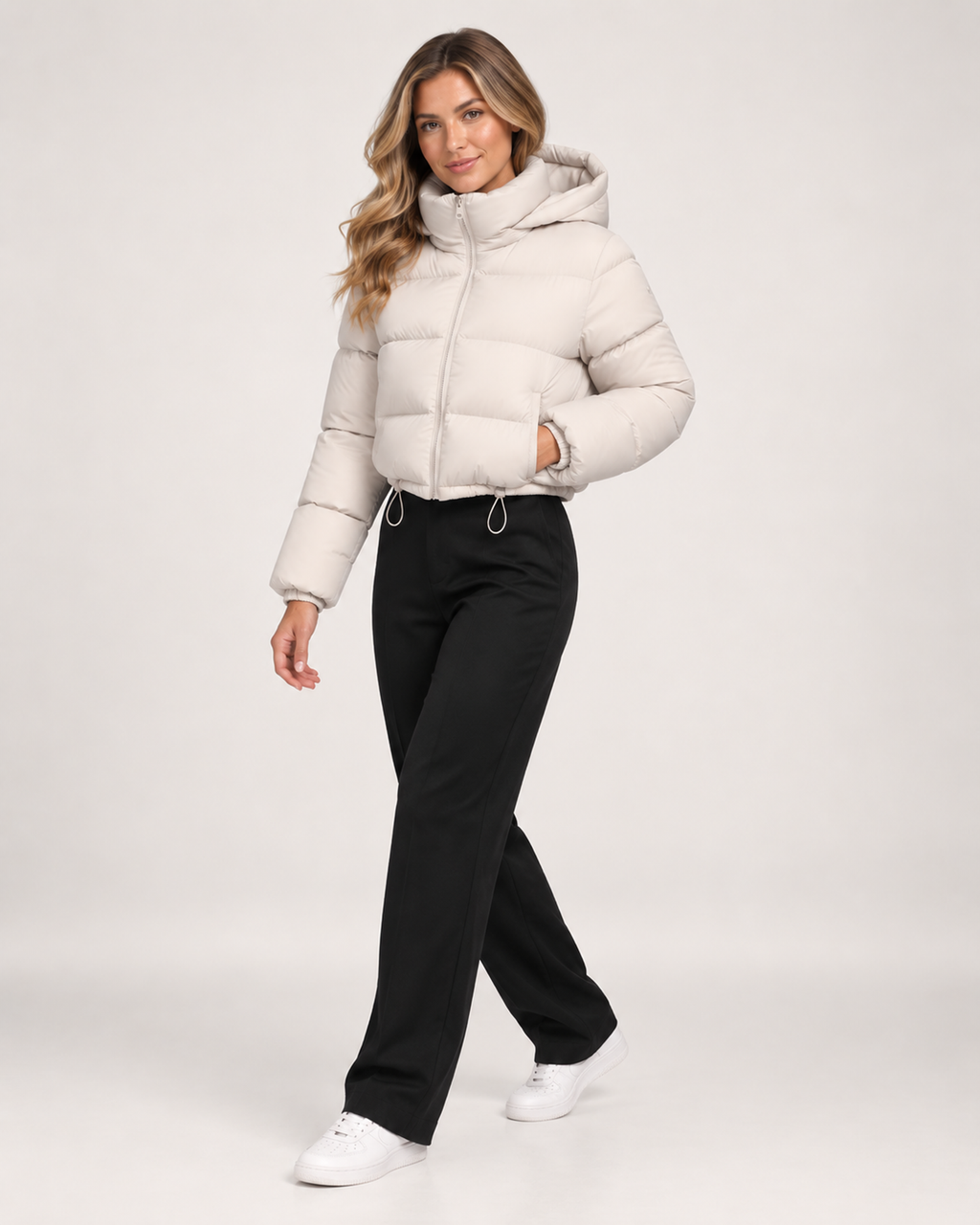 Women’s Puffer Jacket with Hood and Adjustable Hem in Beige, three quarter body view