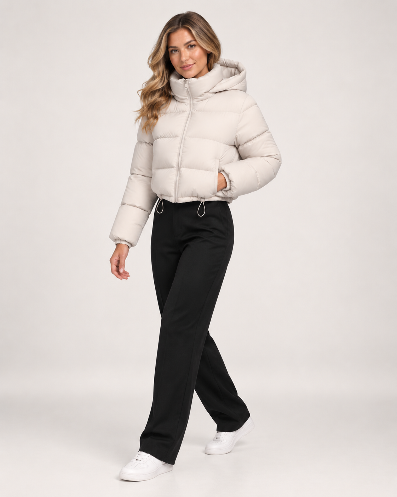 Women’s Puffer Jacket with Hood and Adjustable Hem in Beige, three quarter body view