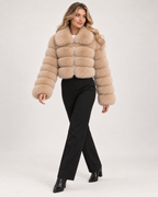 Women’s Faux Fur Jacket with Cropped Shape and Wide Collar in Beige, three quarter body view