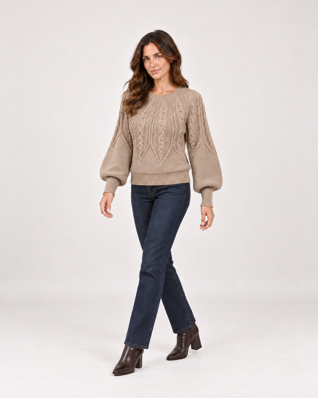 Women’s Cable Knit Jumper with Balloon Sleeves in Beige, three quarter body view
