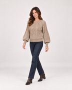 Women’s Cable Knit Jumper with Balloon Sleeves in Beige, three quarter body view