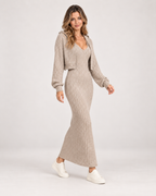 Women’s Two-Piece Set with Maxi Dress and Hooded Cardigan in Beige, three quarter body view