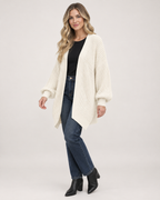 Women’s Balloon Sleeve Cardigan with Chunky Knit in Beige, three quarter body view