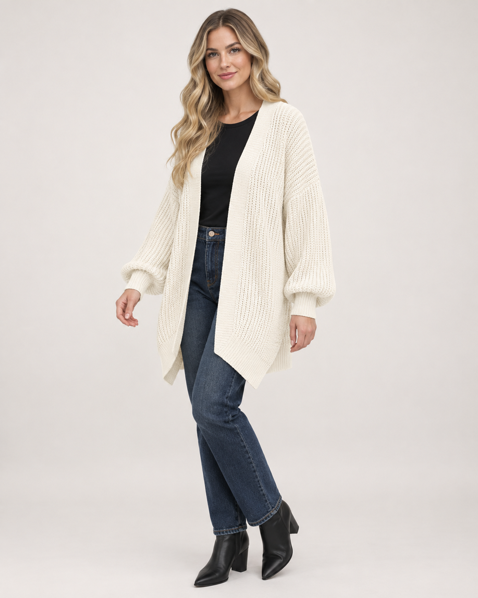 Women’s Balloon Sleeve Cardigan with Chunky Knit in Beige, three quarter body view