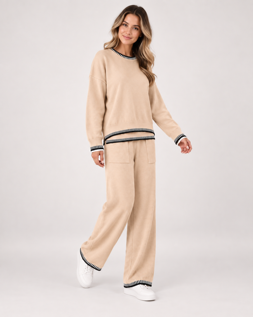 Women’s Co-Ord Set with Jumper and Wide Leg Trousers in Beige, three quarter body view